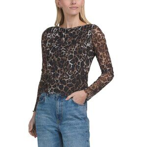 TASH & SOPHIE Tan Made In Usa Leopard Print Mesh Boat Neck Top